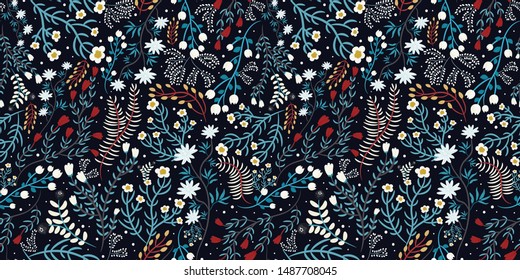 Colorful floral pattern. Seamless print with different flowers, herbs, berries, leaves on a dark background. Creative botanical design, Wallpaper, template for fashion fabrics, prints. Vector.