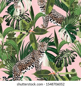Colorful floral pattern with tiger leopard and exotic tropical leaves illustration. Fashion ornament on pink background.