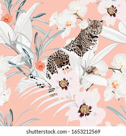 Colorful floral pattern and tiger leopard   exotic tropical leaves illustration  Fashion ornament peach background 
