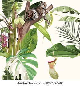 Colorful floral pattern with tiger leopard sleeping on the tree and exotic Sarracenia and tropical leaves illustration. Fashion ornament on white background.