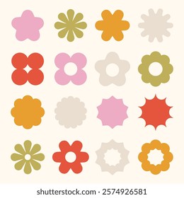 Colorful floral pattern with various flower shapes. Bright flowers in red, pink, orange, and green. Decorative flower design with diverse floral motifs. Pastel elements, vector set.