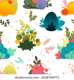 Colorful floral pattern with various plants and flowers. Bright colors include green, pink, yellow, and blue. Ideal for backgrounds and textile designs.