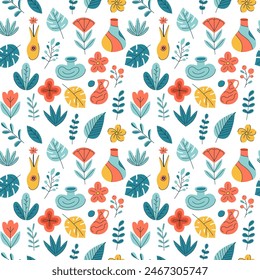 A colorful floral pattern with various shapes and sizes of flowers and leaves