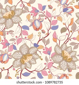 Colorful floral pattern. Vector wallpaper with big illustration flowers. Hand drawn plants, roses