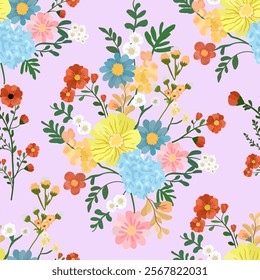 A colorful floral pattern with vibrant flowers like red, blue, yellow, and pink blooms, set against a soft pastel background with green leaves and stems.Flowers vector seamless pattern design. Floral