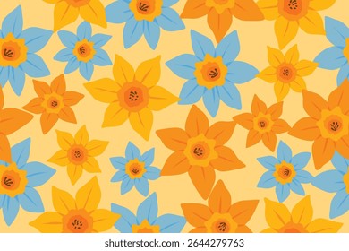 Colorful floral pattern with yellow, orange, and blue daffodil-inspired flowers on a soft peach background ideal for spring prints, fabric, and playful design.