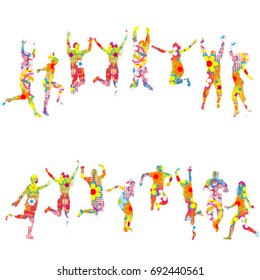 Colorful floral patterned silhouettes of jumping people