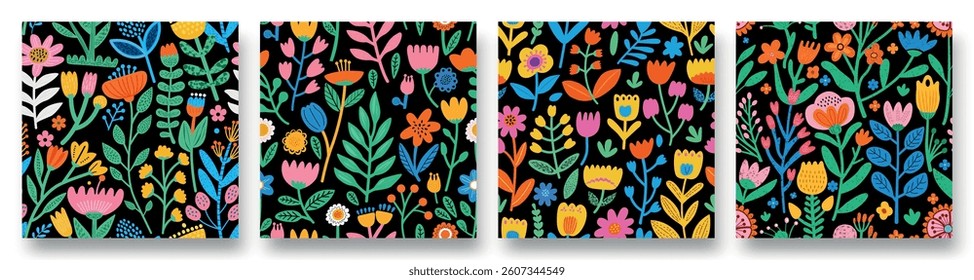 Colorful floral patterns featured together in vibrant artistic design showcasing nature's beauty on a black background