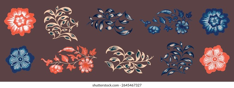 Colorful floral patterns on a brown background. Vibrant flowers in red, blue, and beige. Decorative floral designs, intricate and artistic, with elegant leaves. Decorative illustrations, vector set.