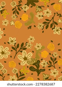 Colorful Floral patterns on orange background for space for text, copy space. Aesthetic design