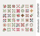 Colorful floral patterns in red, green, and yellow. Floral motifs include leaves, flowers, and geometric shapes. Decorative floral designs in a grid layout. Vintage art drawing illustration vector.