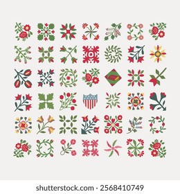 Colorful floral patterns in red, green, and yellow. Floral motifs include leaves, flowers, and geometric shapes. Decorative floral designs in a grid layout. Vintage art drawing illustration vector.