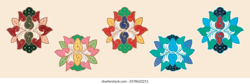 Colorful floral patterns in red, green, blue, and pink. Each floral design features intricate, symmetrical motifs. Decorative floral art with vibrant colors. Decorative illustrations, element vectors.