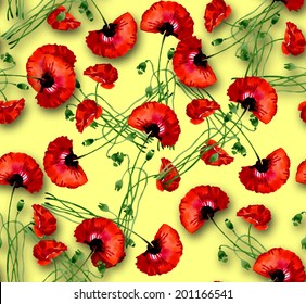 Colorful floral poppies seamless pattern on yellow background vector