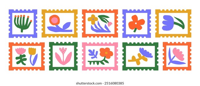 Colorful floral post card stamp sticker set. Vintage style flower cartoon illustration collection. Old mail postage element bundle, spring season nature postmark label with flowers.