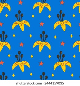 Colorful floral psychedelic seamless pattern. Modern background with lily flower stars vibrant colors. Repeat vector illustration for party decoration