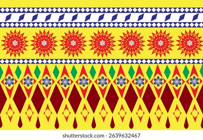 Colorful floral and rhombus patterns on a yellow background.