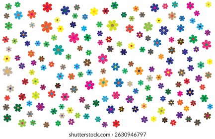 Colorful Floral Scatter: A cheerful and vibrant scattering of colorful flowers creates a delightful, playful, and celebratory mood. Perfect for backgrounds, patterns.