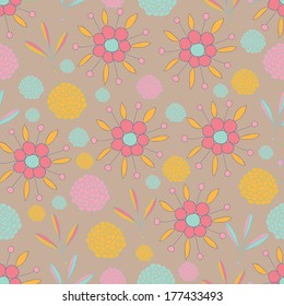 Colorful floral seamless background pattern. Hand - drawn elements.Template for textile,paper,greeting card,postcard design,backdrop,banner. Vector illustration