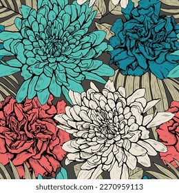 Colorful floral Seamless Drawn Pattern. Modern Fashion Graphic Vector Illustration with different blooming flowers and leaves.