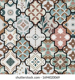 Colorful floral seamless hand drawn ornamental east pattern in patchwork boho chic style with lattice, in portuguese and moroccan motif