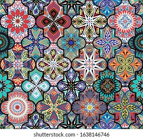 Colorful floral seamless ornamental east pattern with mandala in patchwork boho chic style, in portuguese and moroccan motif