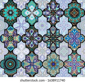 Colorful floral seamless ornamental east pattern with mandala in patchwork boho chic style, in portuguese and moroccan motif