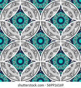 Colorful floral seamless patchwork pattern with mandala in boho chic style, in portuguese and moroccan motif