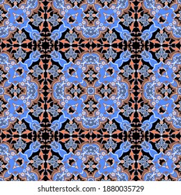 Colorful floral seamless pattern. Arabesque vector background. Beautiful Damask ornament. Repeat ornamental backdrop. Symmetrical design. Vintage flowers, leaves. Elegant design for fabric, prints.