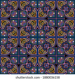 Farbiges, nahtloses Muster mit Blumen. Arabeske Vektorhintergrund. Schöne arabische Ornamente. Wiederholen Sie die Zierhintergründe. Symmetrisches Design. Vintage Blumen, Blätter. Elegantes Design für Stoff, Drucke.