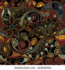 Colorful floral seamless pattern. Arabian abstract nature ornament. Vector decorative flowers, paisley and shapes. Indonesian batik. Design for fabric, card, web, decoupage, carpet, cover