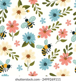 Colorful floral seamless pattern. The bee is surrounded by flowers and leaves, and the overall mood of the image is cheerful and lively.