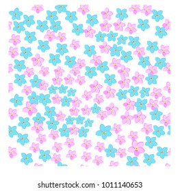Colorful floral seamless pattern. Blue and pink forget-me-nots. Back background is white. Pattern for fabrics.