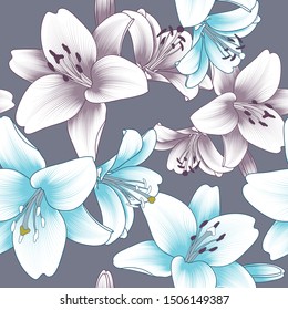Colorful floral seamless pattern with blue flowers of lilies.