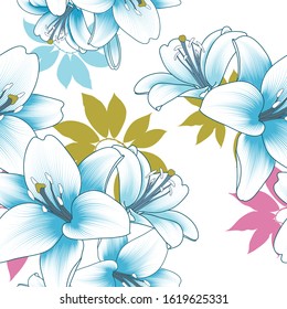 Colorful floral seamless pattern with blue flowers of lilies. Vector illustration.