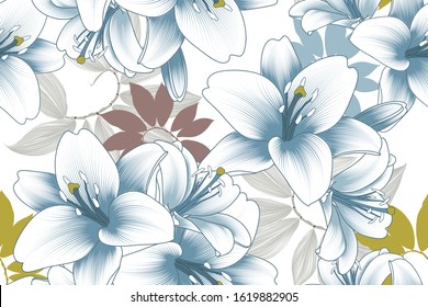 Colorful floral seamless pattern with blue flowers of lilies. Vector illustration.