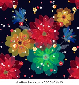 Colorful floral seamless pattern with bright flowers. Fashion print for summer dresses and blouses. 