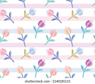 Colorido patrón floral sin costuras, con flores tulipanas brillantes y hojas sobre fondo blanco. Textura de flor de corte para las impresiones de moda de diseño. Papel. Textil. Mosaico. Tela. Fondo de escritorio. Cerámica. Vector