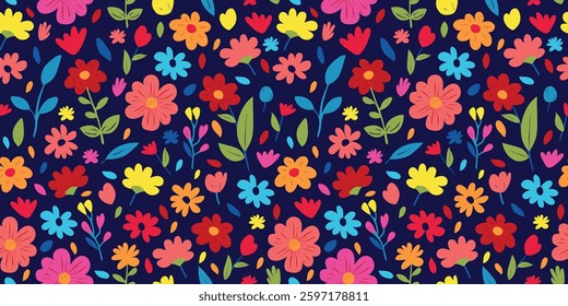 Colorful floral seamless pattern with bright wildflowers on dark. Seamless floral ornament with blooming flowers on a navy background. Hand-painted flower pattern with bright petals and leaves
