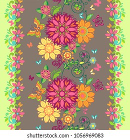 Colorful floral seamless pattern with butterflies and with a flower border.  Floral wallpaper. Decorative ornament for fabric, textile, wrapping paper.