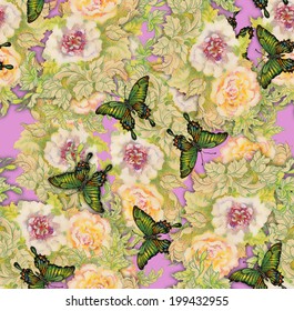 Colorful floral seamless pattern with butterflies on pink background vector