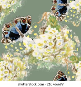 Colorful floral seamless pattern with butterflies and flowers on green background vector illustration