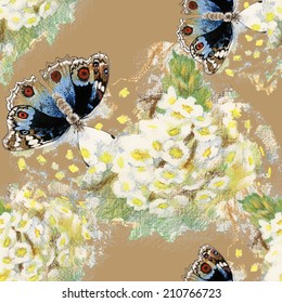 Colorful floral seamless pattern with butterflies and flowers on brown background vector illustration