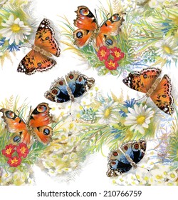 Colorful floral seamless pattern with butterflies and flowers on white background vector illustration