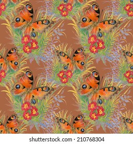 Colorful floral seamless pattern with butterflies and flowers on brown background vector illustration