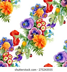 Colorful floral seamless pattern with butterflies and flowers on white background vector illustration