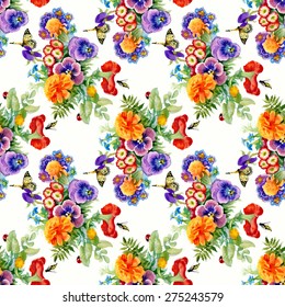 Colorful floral seamless pattern with butterflies and flowers on white background vector illustration