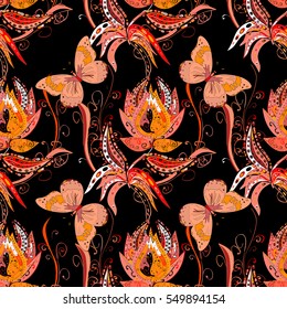 Colorful floral seamless pattern with butterflies and flowers on black background vector illustration