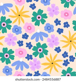 Colorful floral seamless pattern, cartoon flat vector illustration on beige background. Cute summer and spring flowers. Hand drawn nature elements.