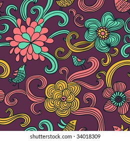 Colorful floral seamless pattern with cartoon birds